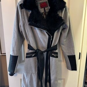 Gray Trench Coat with Black Faux Fur and Leather Accents